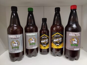 PIVA ZE SLOVÁCKA: Rejtín10%, Karpat 11%, Horehleď 12%, Lambert polotmavý 12%, Ocelot 13%,Mladotic 14%, Orel 11%, Hradišťská 12%, Polotmavý OREL 12% a Medové pivo.